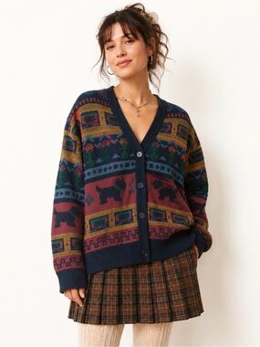 Netflix Blue & Purple Patterned 80’s Retro Grannycore Cardigan Slouchy Sweater